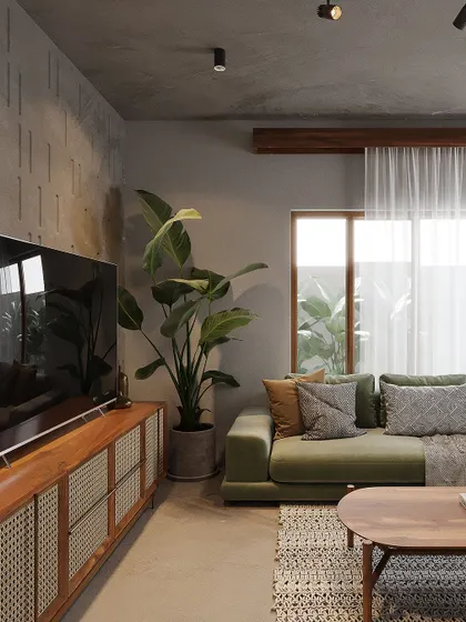 A close-up of a living room featuring a cane-front media unit and an olive green sofa. The textured wall and indoor plant add layers of detail to this contemporary space.