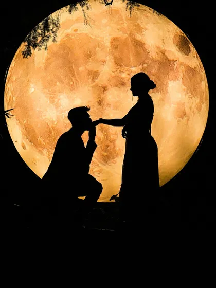 A duplicate of the iconic moon silhouette, showcasing a classic proposal pose.