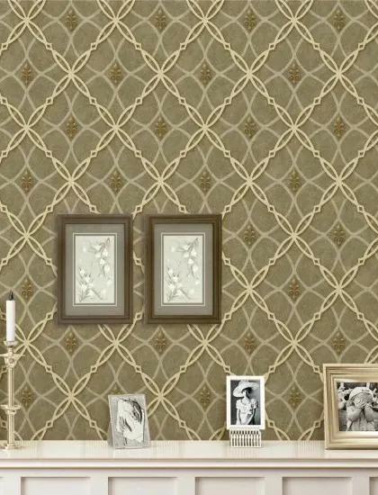 A room mockup with a geometric trellis wallpaper in a neutral olive-green tone.