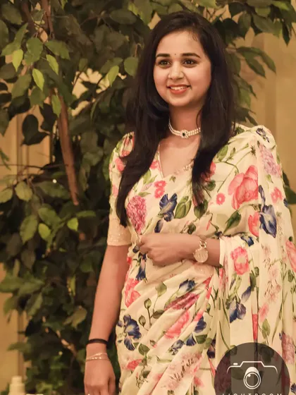 Another shot of the client, showcasing the beautiful print and fit of her saree.