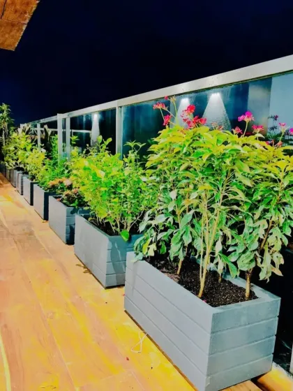 Bright pops of color from flowering plants bring this deck to life. The durable planters are perfect for rooftops, and the entire setup is designed to be a beautiful, low-effort extension of the home.