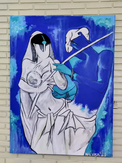 This painting explores the divine love between Radha and Krishna in a modern, abstract form. The use of white and blue creates a stark, emotional contrast, representing their spiritual union.
