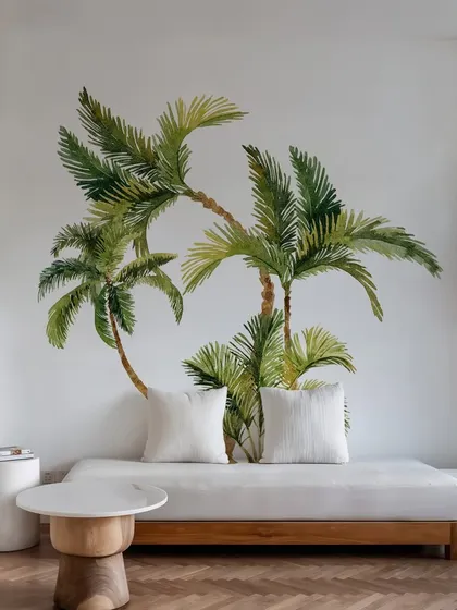 This living room features a large-scale application of our Group of Palm Trees wall stickers, creating a bold and beautiful focal point. The design adds a sense of drama and tropical flair.