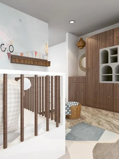 This is a 3D render I created to help a client visualize their nursery. It features a modern crib and a wooden wardrobe with unique arched niches, showing how we can plan every detail before building.