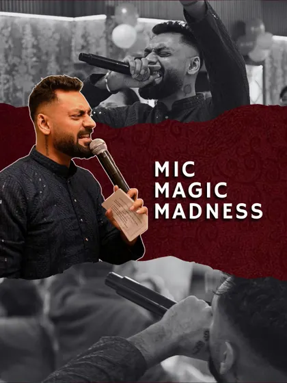 Mic Magic Madness. This graphic captures the essence of my performance at a mehndi, a blend of music, moments, and high spirits.