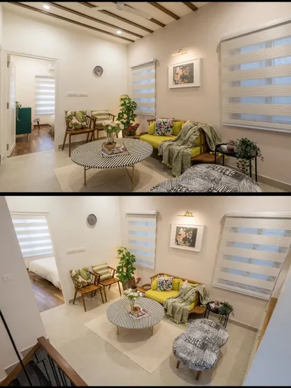 Two views of the informal living space, showcasing the mix of textures and patterns that create a comfortable, lived-in feel.
