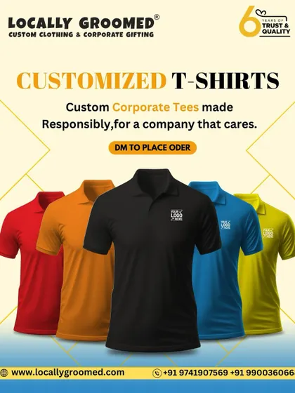 An array of colorful corporate polo t-shirts. This graphic shows our range of color options and emphasizes our commitment to creating responsible and stylish custom tees for companies that care.
