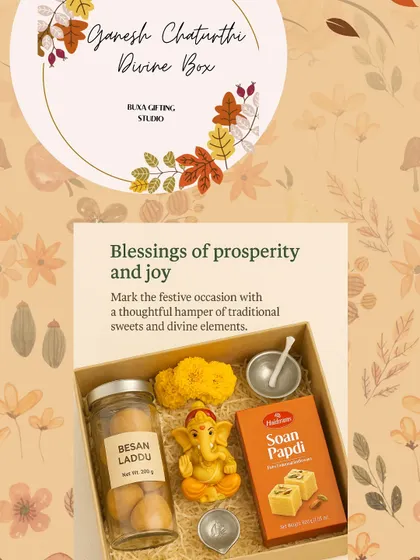 My "Ganesh Chaturthi Divine Box" idea, featuring traditional sweets like besan laddu and soan papdi, along with a small Ganesha idol and diyas.