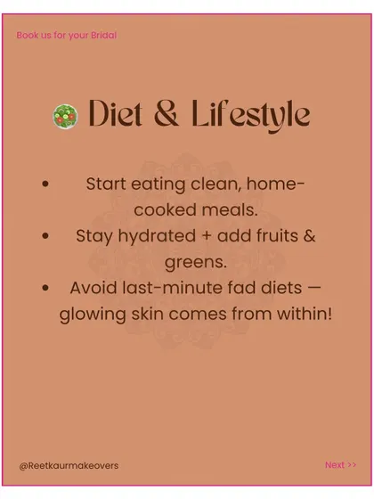 A checklist tip on diet and lifestyle. Start eating clean, home-cooked meals and stay hydrated. Glowing skin comes from within, so avoid last-minute fad diets.