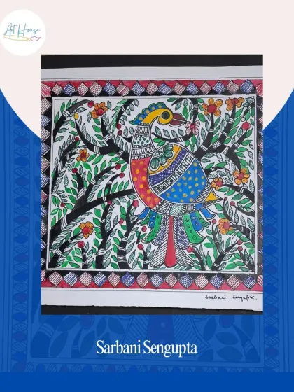 This vibrant Madhubani artwork by Sarbani Sengupta features a colorful bird surrounded by flowers, showcasing the artist's excellent use of color and pattern.
