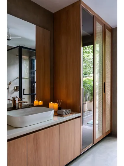 A page from a feature on "Villa Tranquility" in Interior Lover, showing the Zen-inspired bathroom. The article discusses how we merge contemporary architecture with nature.