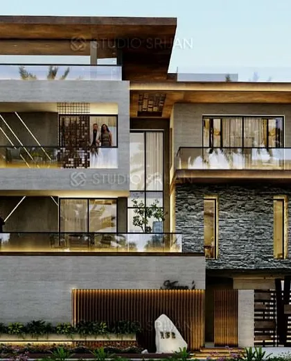 Another view of the South City project, highlighting the use of decorative jali screens and the extensive terrace spaces.