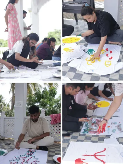 There are no rules in mindful creation. Here, participants use their hands and brushes to create textures and shapes that feel true to them, from simple handprints to intricate patterns.