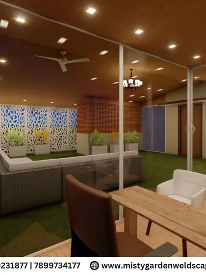 A 3D design for a spacious terrace room in Sanjaynagar, featuring artificial grass flooring, comfortable lounge seating, and decorative jali and CNC panels for privacy and style.