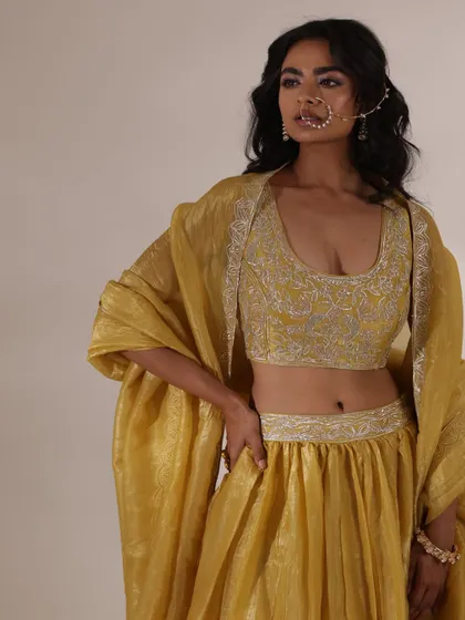 A shot from a Zari Jaipur campaign featuring a golden tissue silk lehenga. I styled it with a traditional nath and minimal jewellery to let the rich fabric and embroidery shine.