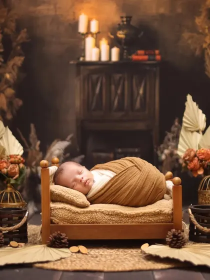 A warm and rustic newborn scene. The baby sleeps peacefully in a tiny wooden bed, surrounded by candles, pinecones, and dried botanicals for a cabin-like feel.