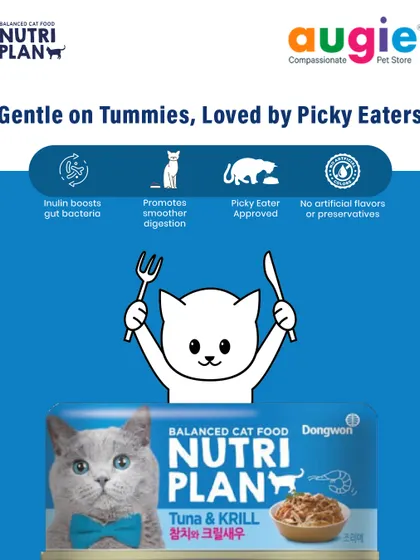 I love this graphic because it shows how Nutriplan Tuna & Krill is designed to be gentle on tummies. It contains inulin to boost good gut bacteria and has no artificial flavors, making it great for picky cats.