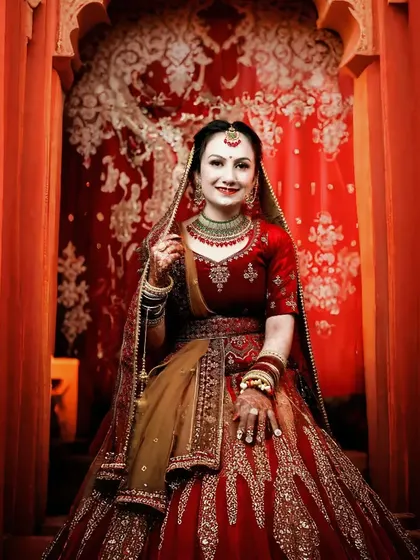 A beautiful, symmetrical shot of the bride framed by an ornate doorway. The vibrant colors and her happy expression make this a powerful image.