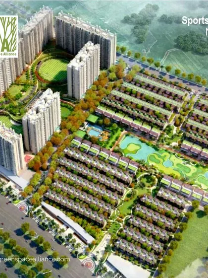 An aerial perspective of Sports City in Noida, a large-scale mixed-use development integrating high-rise apartments with plotted villa communities. This master plan demonstrates our ability to design diverse housing typologies alongside extensive green networks and recreational facilities.