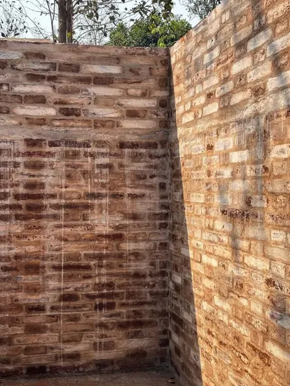 The warm, varied tones of the earth block walls are revealed in the sunlight. This material, made on-site, gives the building a character that is directly tied to its location.