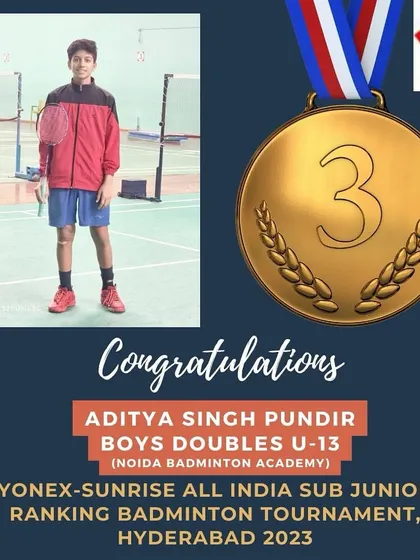 We proudly congratulate Aditya Singh Pundir for winning a bronze medal in the Boys Doubles U-13 category at the Yonex-Sunrise All India Sub Junior Ranking Tournament in Hyderabad.