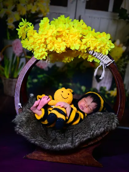 An adorable "bumblebee" themed newborn shoot. This little one is snuggled in a hanging basket prop with a cute stuffed bee, surrounded by bright yellow flowers.