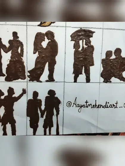 A practice sheet showcasing various couple silhouettes that can be incorporated into a bridal or Karwa Chauth mehendi design.