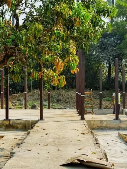 The steel columns are set into the plinth, ready to receive the timber structure for the Awas House. The design carefully preserves the existing mango tree on the site.
