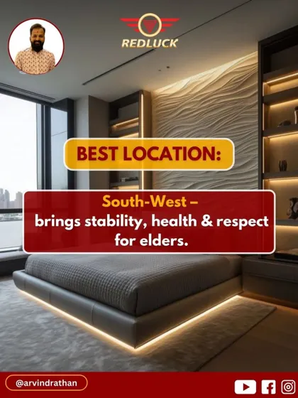 The South-West is the powerhouse direction in Vastu, bringing stability, health, and respect. It is the best location for the bedroom of the elders or the head of the household to ensure their well-being and authority.