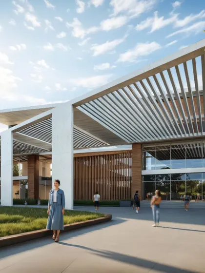 A closer look at the entrance of the North Karnataka college, highlighting the interplay between the strong vertical pillars and the horizontal lines of the pergola. This detail demonstrates our focus on creating architecturally significant entryways that are both impressive and human-scaled.