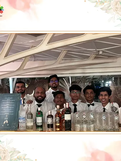 The full bar team, lined up and ready for service. This image shows the scale and professionalism of our crew for large events.