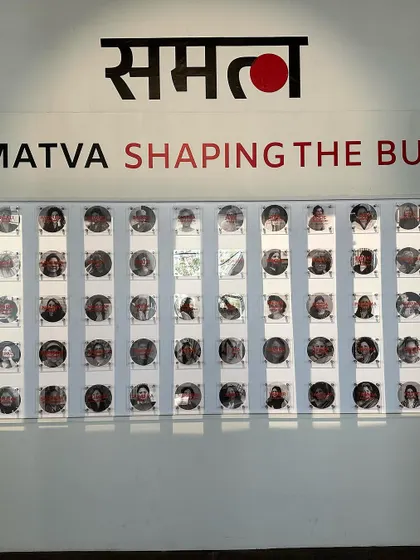 The 'Samatva' exhibition wall, featuring the portraits of 80 women architects from across India, celebrating their diverse and meaningful contributions to the built environment.