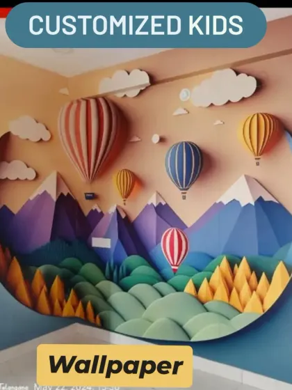 This 3D-style wallpaper features hot air balloons over mountains, creating a whimsical and adventurous scene. The layered effect adds depth and makes the wall a captivating feature in this playroom.