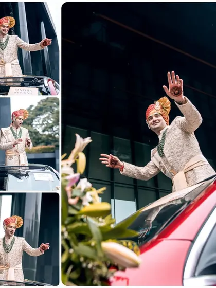 A collage showing the groom's stylish entrance, arriving in a car and greeting his guests with joy.