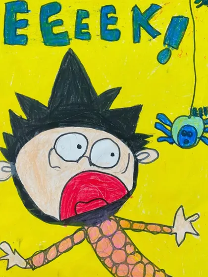 "Eeeek!" This cartoon drawing perfectly captures a moment of surprise and fear. Our classes teach students how to use expressions and onomatopoeia to tell a story in their art.