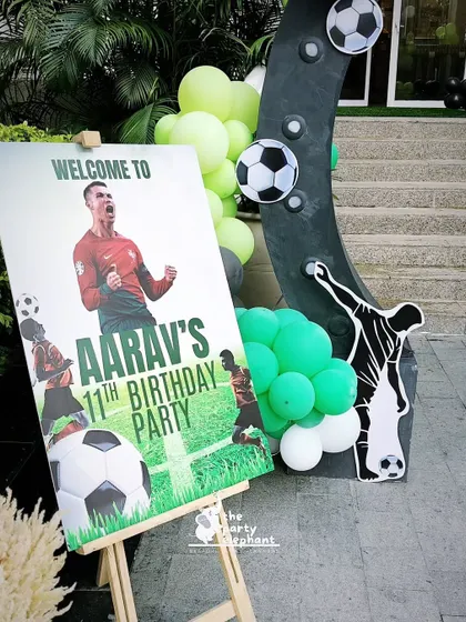 The welcome sign for the football party featured a picture of Cristiano Ronaldo and the birthday boy's name, immediately setting an exciting tone for all the young fans arriving.