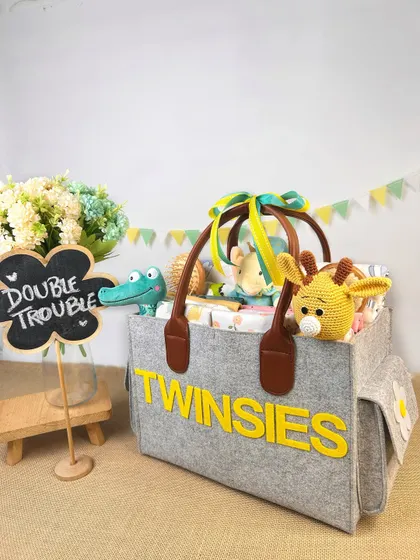 A slightly different angle of the 'Twinsies' gift bag, showing more of the contents. Providing multiple angles is key for online stores.