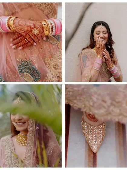 A collage of beautiful bridal details, from her henna-adorned hands and sparkling juttis to her candid, happy smiles.