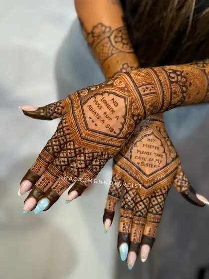 A closer look at the emotional messages written in this sister's henna. One palm has a sweet note for her sister, and the other for her new brother-in-law.