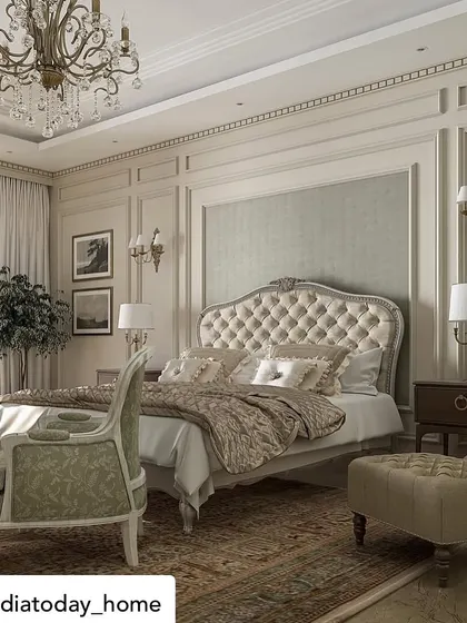 A detail of another bedroom from "The Colonial House," showcasing a beautifully upholstered bed with a carved frame and luxurious bedding. The space is a sanctuary that celebrates the finer things in life.