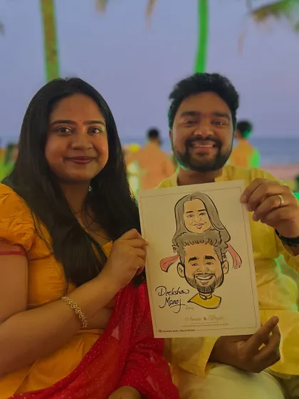 Capturing the joy of this couple at a beautiful outdoor function. The vibrant colors of their outfits were so much fun to incorporate into the drawing.
