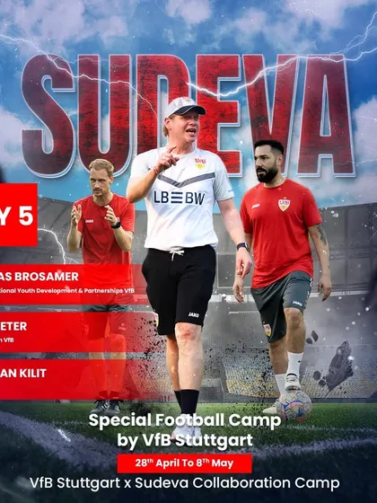 The official poster for Day 5 of the special football camp, featuring the expert coaches from VfB Stuttgart who are leading the sessions.