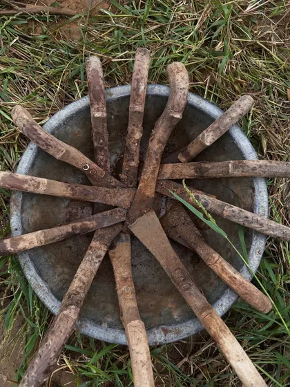 The tools of our trade, the humble sickles and taslas, arranged in a circle. These objects represent the unseen labour that keeps our city alive and are given a second life through our recycling and art initiatives.