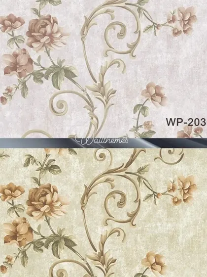 Two color options for a classic floral scroll wallpaper in muted, earthy tones.