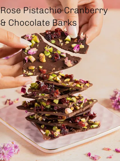Our Rose Pistachio Cranberry & Chocolate Barks are a beautiful and delicious treat, perfect for gifting or personal indulgence.