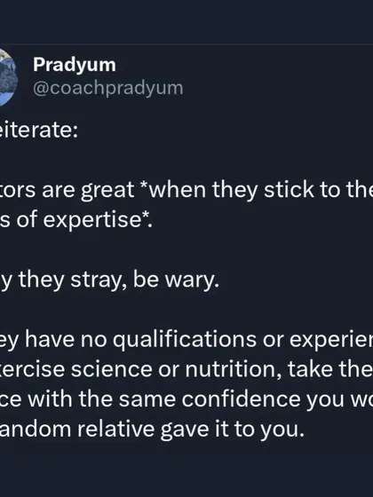 Doctors are experts in their field, but that field usually isn't exercise science or nutrition. The "Appeal to Authority" fallacy leads people to blindly follow bad fitness advice from well-meaning but unqualified professionals. I teach my clients to trust, but always verify.