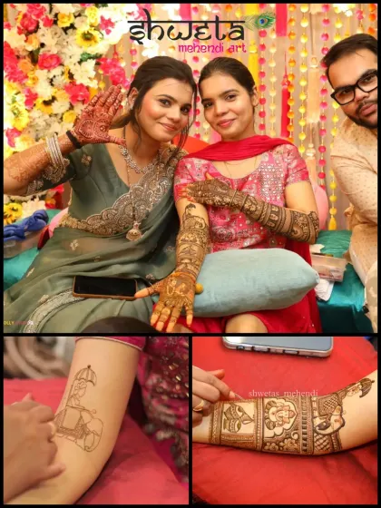 A collage celebrating a beautiful bride on her mehendi day. It shows the joy of the event and close-ups of the custom cartoon figure and intricate patterns I created for her.