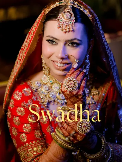 A close-up portrait of the bride, with her name elegantly written over the image.