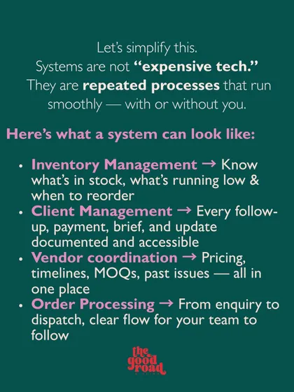 We simplify what "systems" actually mean. This slide breaks down practical systems for inventory, client management, and order processing that any business can implement.