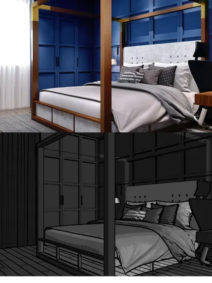 A 3D render and sketch of a bedroom with a bold blue accent wall and a four-poster bed. This image illustrates our design process, from initial concept to a realistic visualization.